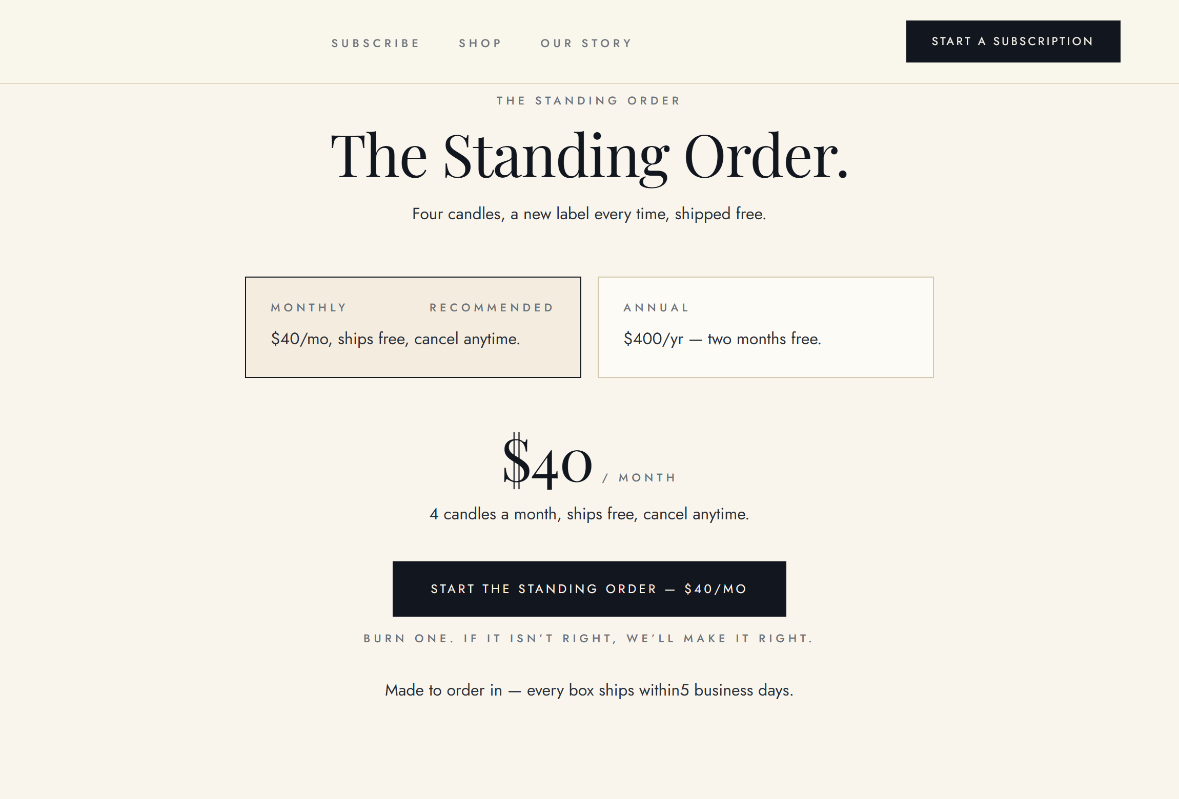 An online store page with a subscription plan and pricing